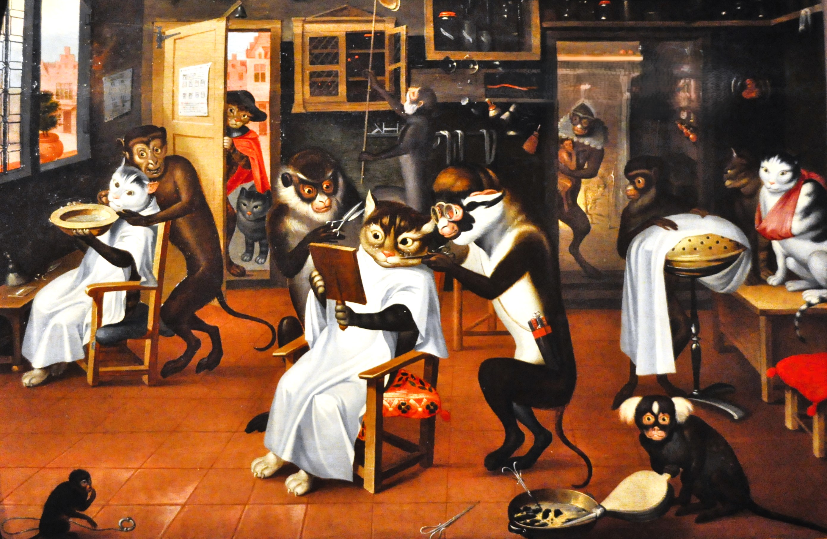 Singerie la boutique du barbier-chirurgien - huile sur bois - - 2e moitié du 17e - d'après Jan Brueghel Le Jeune (1601-1678)